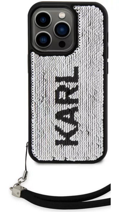 Coque iPhone 15 Pro - Karl Lagerfeld paillettes glitters réversibles bicolore avec lanière poignet amovible - Noir / Argent