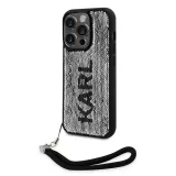 Coque iPhone 15 Pro - Karl Lagerfeld paillettes glitters réversibles bicolore avec lanière poignet amovible - Noir / Argent