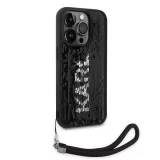 Coque iPhone 15 Pro - Karl Lagerfeld paillettes glitters réversibles bicolore avec lanière poignet amovible - Noir / Argent