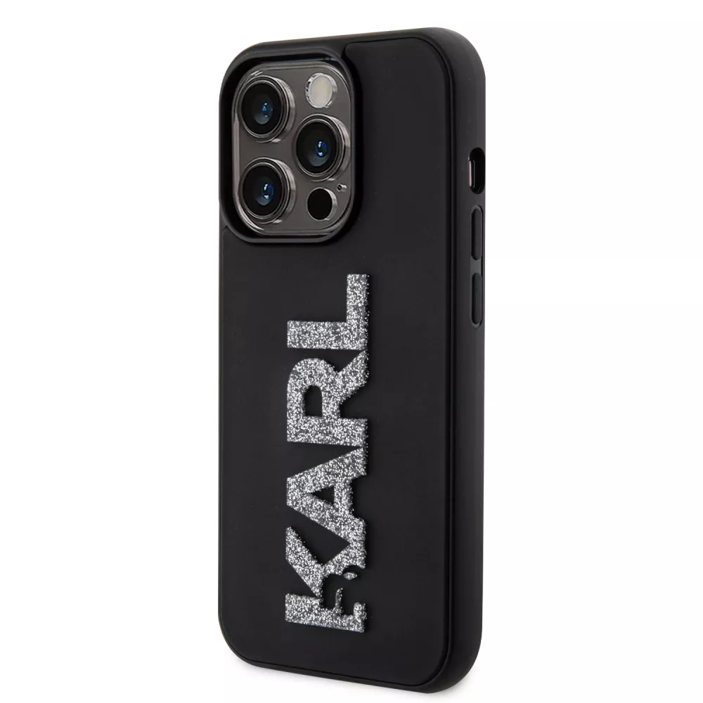 Coque iPhone 15 Pro - Karl Lagerfeld silicone mat avec logo 3D pailleté - Noir