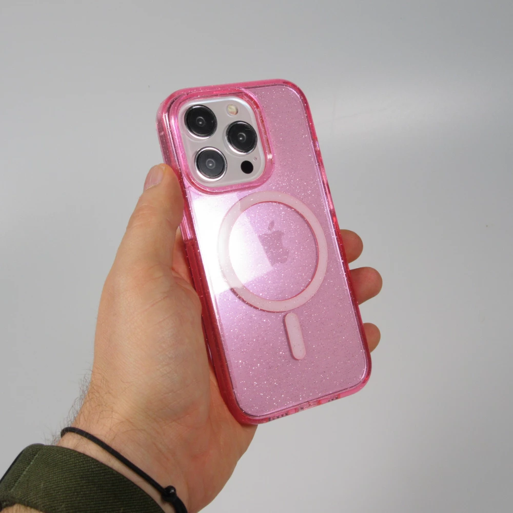 Coque iPhone 15 Pro Max - Silicone rigide avec dos paillettes et MagSafe - Rose
