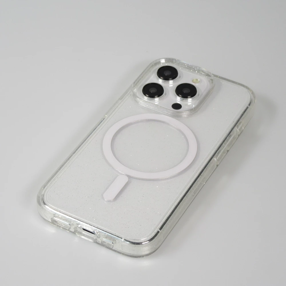Coque iPhone 15 Pro Max - Silicone rigide avec dos paillettes et MagSafe - Transparent