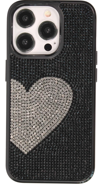 Coque iPhone 15 Pro Max - Silicone souple paillet&eacute; avec gemmes White Heart - Noir