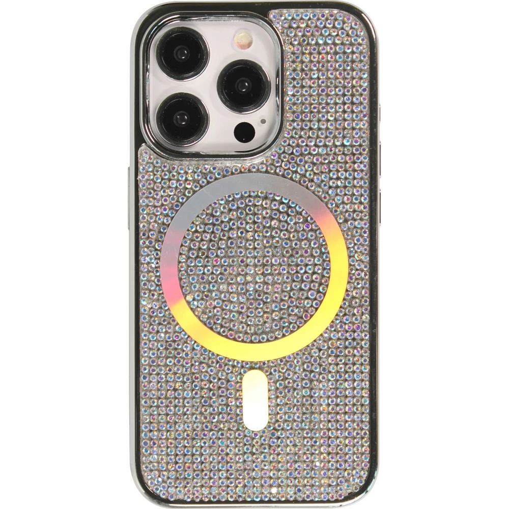 Coque iPhone 15 Pro - Silicone rigide paillet&eacute; avec gemmes MagSafe - Argent