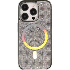 Coque iPhone 15 Pro - Silicone rigide paillet&eacute; avec gemmes MagSafe - Argent