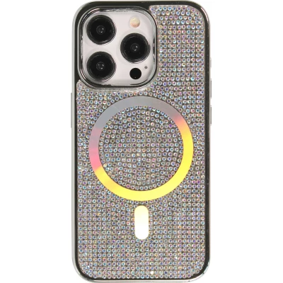Coque iPhone 15 Pro - Silicone rigide paillet&eacute; avec gemmes MagSafe - Argent