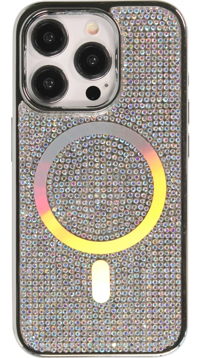 Coque iPhone 15 Pro - Silicone rigide paillet&eacute; avec gemmes MagSafe - Argent