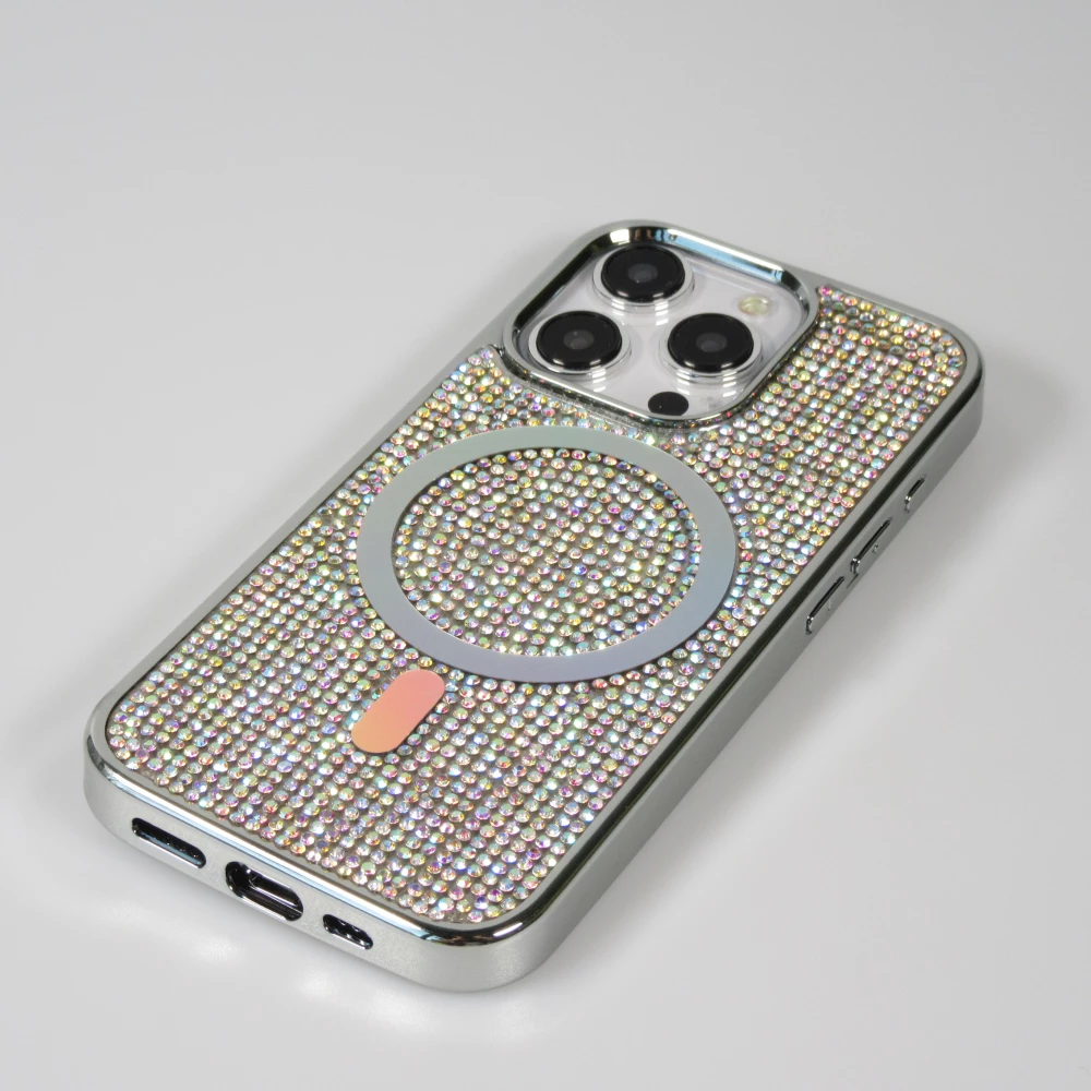 Coque iPhone 15 Pro - Silicone rigide paillet&eacute; avec gemmes MagSafe - Argent