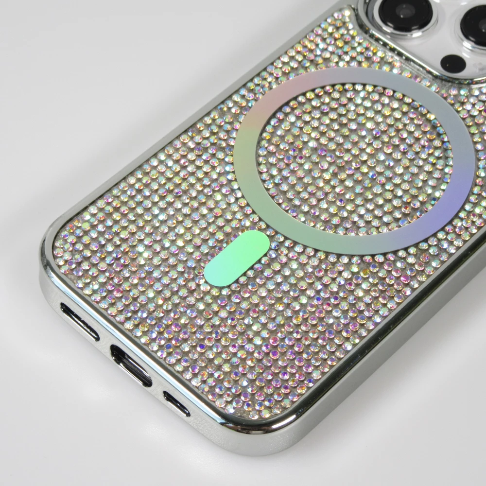 Coque iPhone 15 Pro - Silicone rigide paillet&eacute; avec gemmes MagSafe - Argent