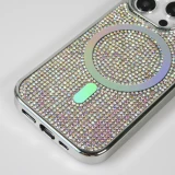 Coque iPhone 15 Pro - Silicone rigide paillet&eacute; avec gemmes MagSafe - Argent