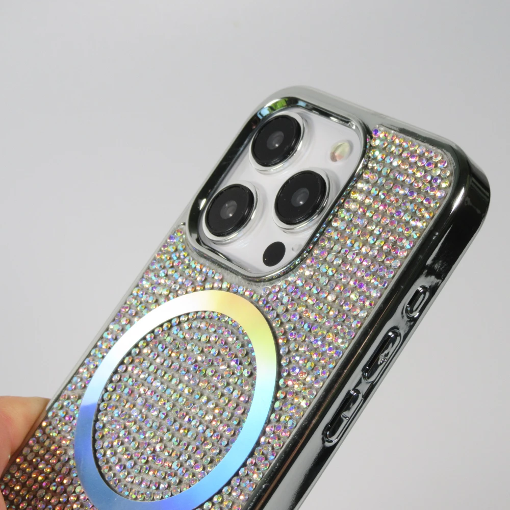 Coque iPhone 15 Pro - Silicone rigide paillet&eacute; avec gemmes MagSafe - Argent