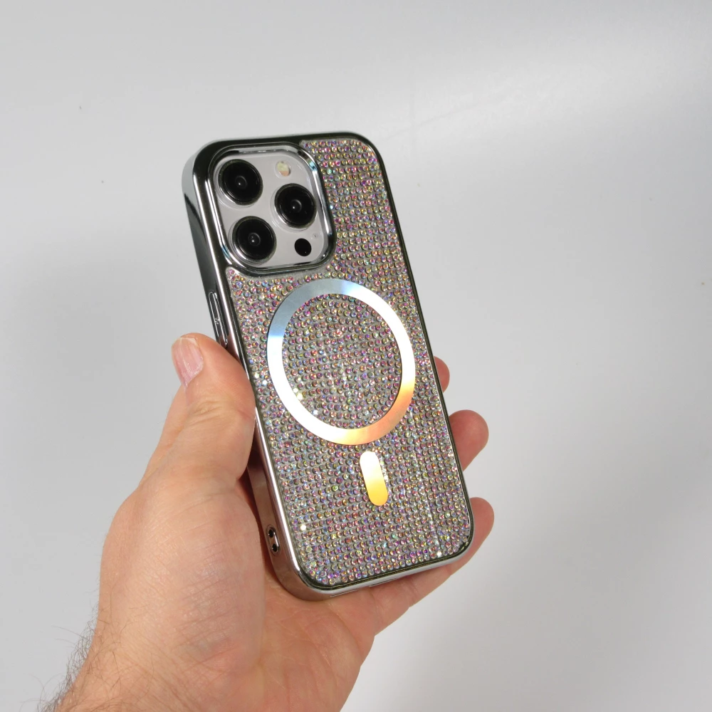 Coque iPhone 15 Pro - Silicone rigide paillet&eacute; avec gemmes MagSafe - Argent