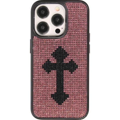 Coque iPhone 15 Pro - Silicone souple paillet&eacute; avec gemmes Gothic Cross - Violet