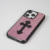 Coque iPhone 15 Pro - Silicone souple paillet&eacute; avec gemmes Gothic Cross - Violet