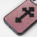Coque iPhone 15 Pro - Silicone souple paillet&eacute; avec gemmes Gothic Cross - Violet
