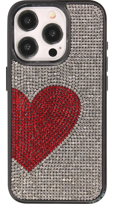 Coque iPhone 15 Pro - Silicone souple paillet&eacute; avec gemmes Red Heart - Blanc