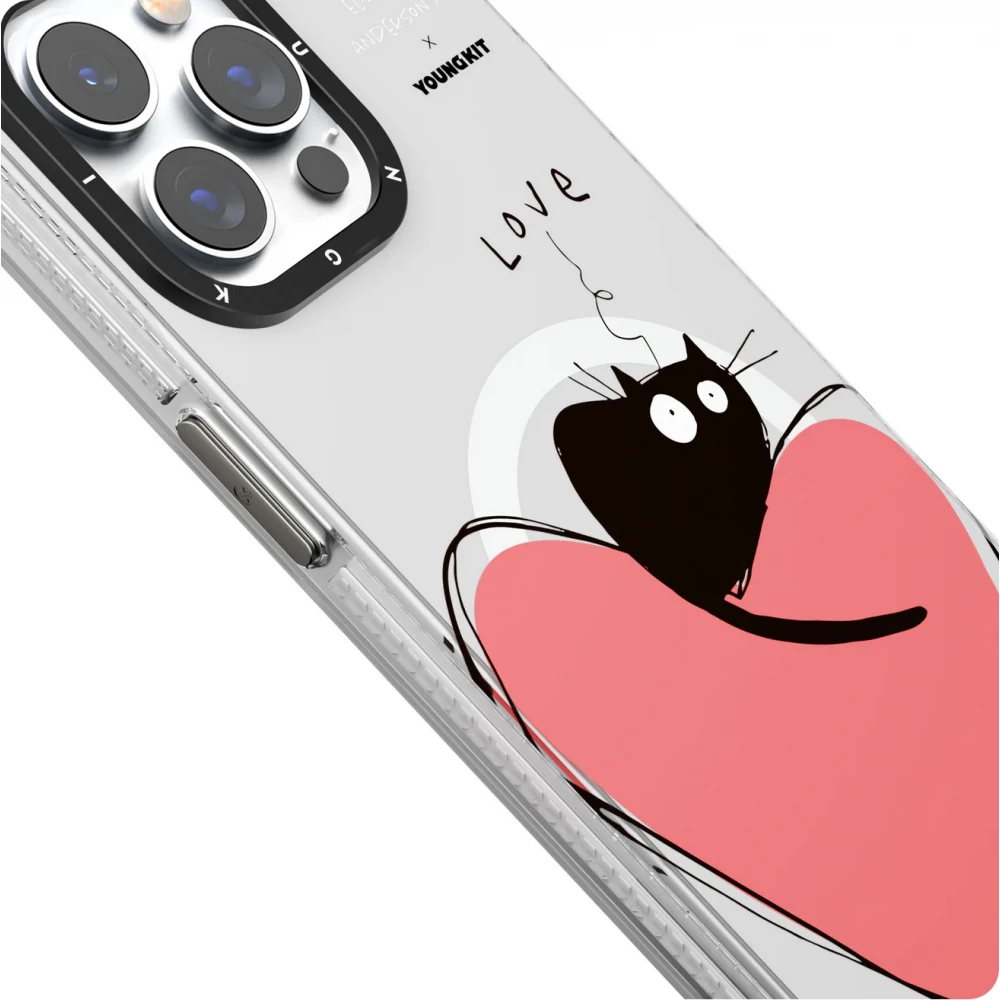 Coque iPhone 15 Pro - Youngkit @Elizabeth Anderson Art Love Cat Case avec Magsafe  - Bleu