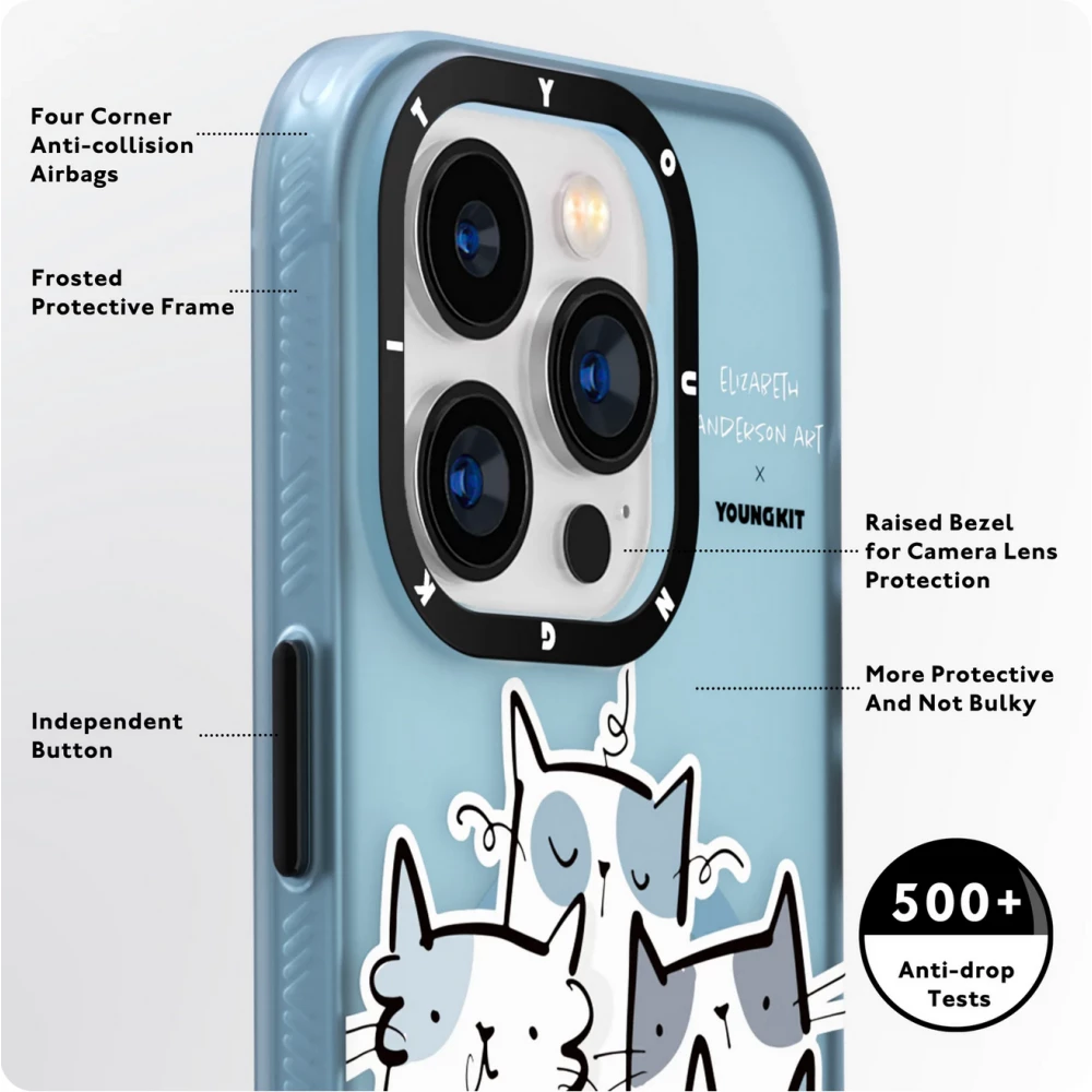 Coque iPhone 15 Pro - Youngkit @Elizabeth Anderson Art Love Cat Case avec Magsafe  - Bleu