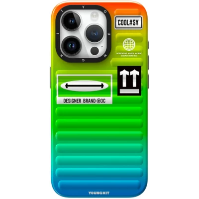 Coque iPhone 15 - Youngkit Color-Gradient Luggage-Inspired Case - Vert/orange