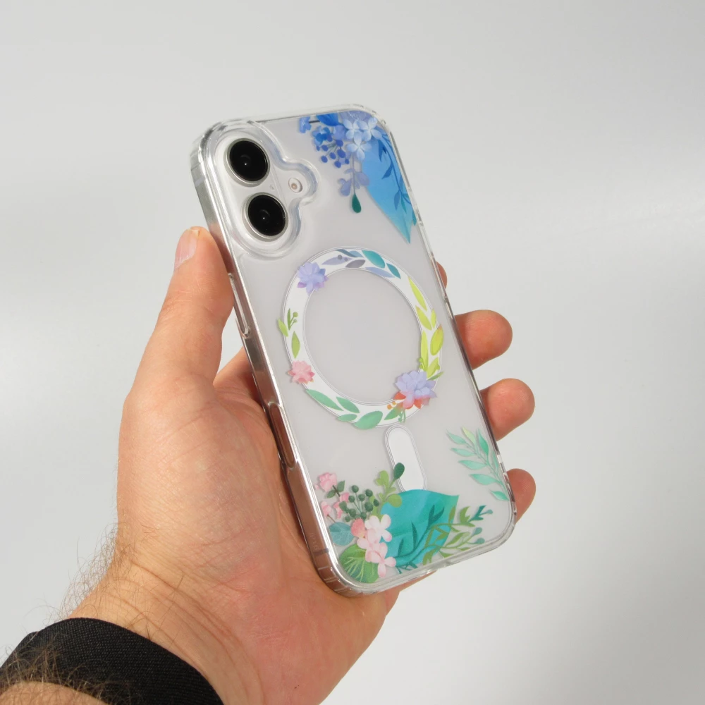 Coque iPhone 16 - Gel silicone rigide avec MagSafe fleurs de printemps - Transparent