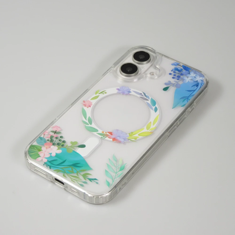 Coque iPhone 16 - Gel silicone rigide avec MagSafe fleurs de printemps - Transparent