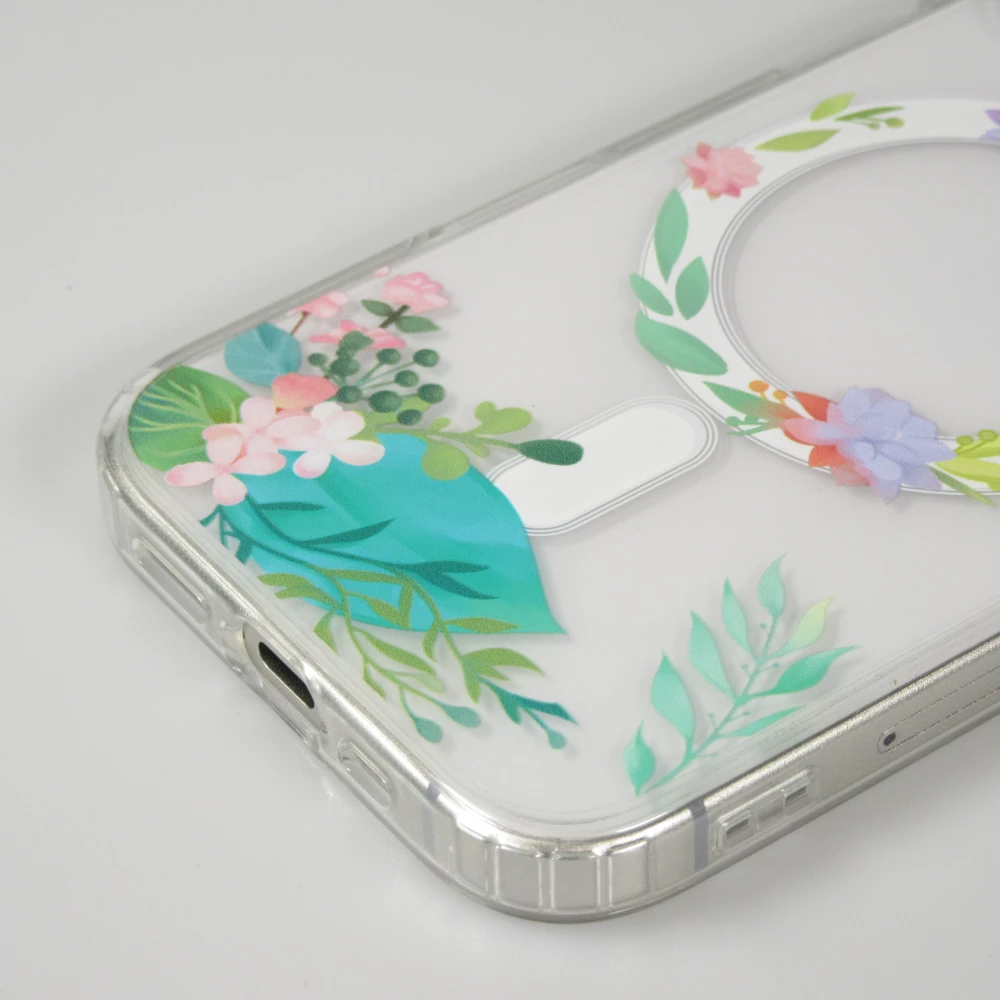 Coque iPhone 16 - Gel silicone rigide avec MagSafe fleurs de printemps - Transparent