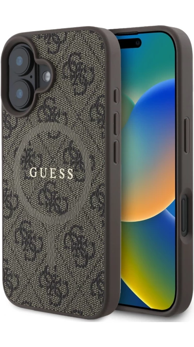 Coque iPhone 16 - Guess monogramme similicuir avec MagSafe int&eacute;gr&eacute; et logo dor&eacute; - Brun