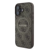 Coque iPhone 16 - Guess monogramme similicuir avec MagSafe int&eacute;gr&eacute; et logo dor&eacute; - Brun