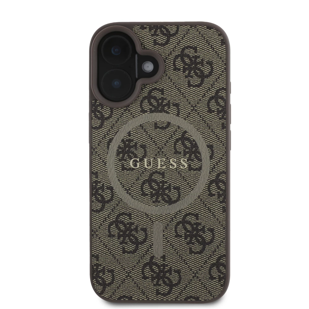 Coque iPhone 16 - Guess monogramme similicuir avec MagSafe int&eacute;gr&eacute; et logo dor&eacute; - Brun