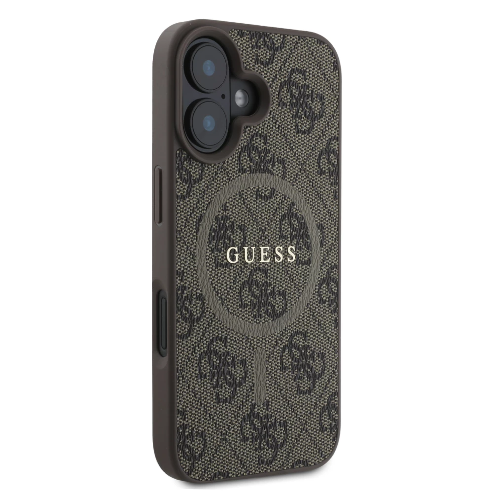 Coque iPhone 16 - Guess monogramme similicuir avec MagSafe int&eacute;gr&eacute; et logo dor&eacute; - Brun