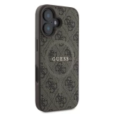 Coque iPhone 16 - Guess monogramme similicuir avec MagSafe int&eacute;gr&eacute; et logo dor&eacute; - Brun