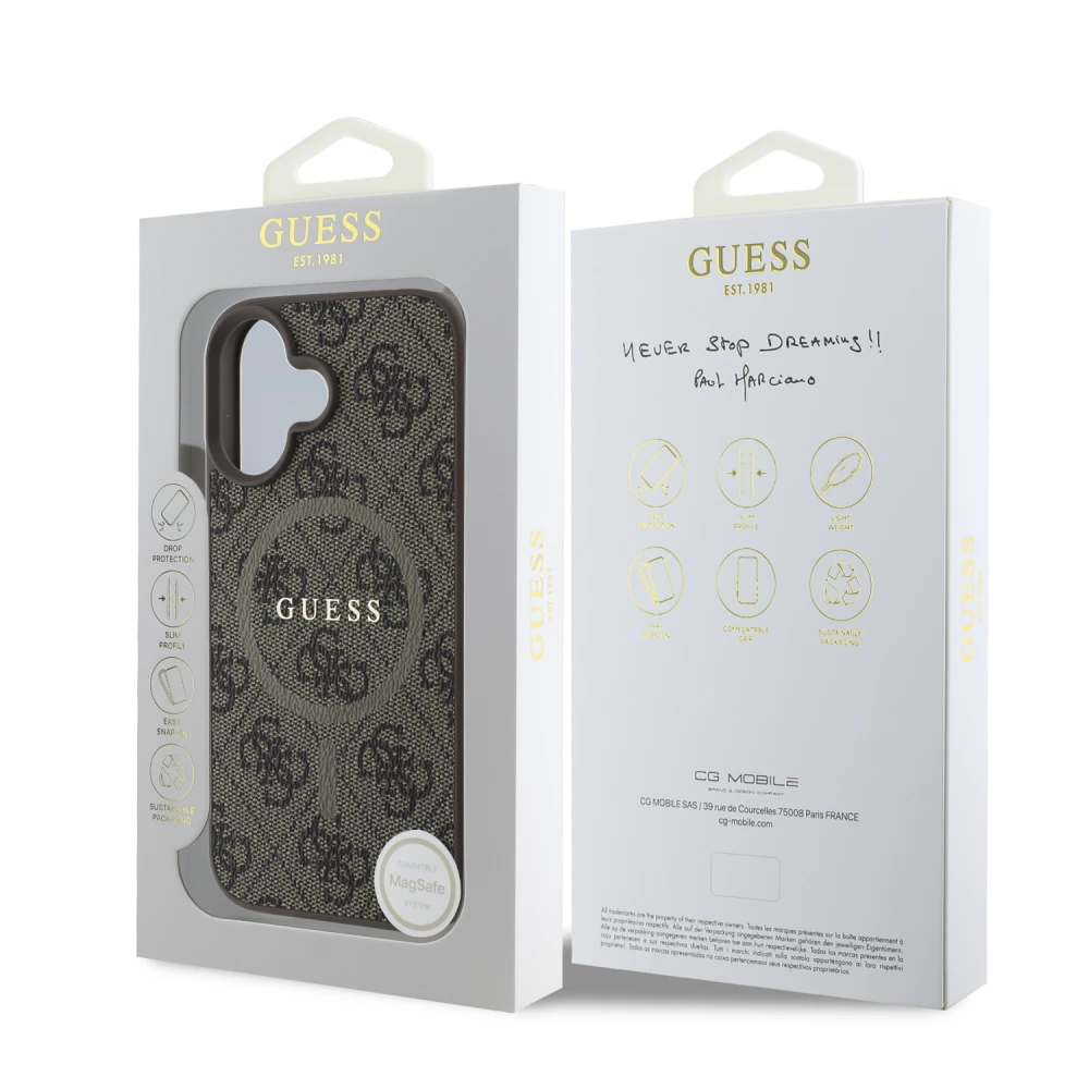 Coque iPhone 16 - Guess monogramme similicuir avec MagSafe int&eacute;gr&eacute; et logo dor&eacute; - Brun