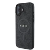 iPhone 16 Case Hülle - Guess Monogramm Kunstleder mit integriertem MagSafe und goldenem Logo - Schwarz