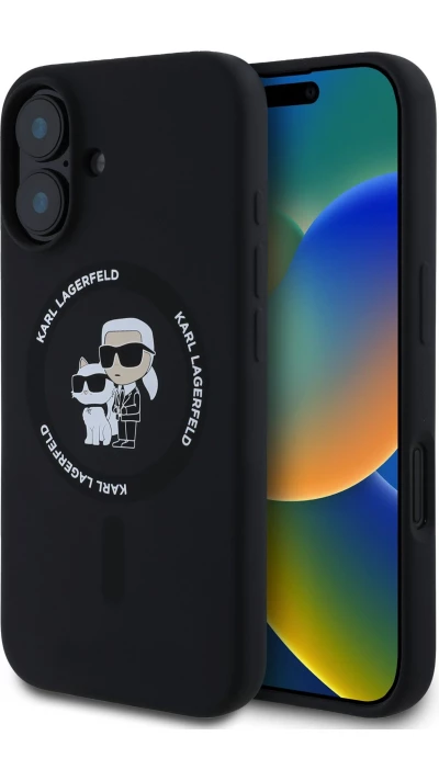 Coque iPhone 16 - Karl Lagerfeld et Choupette soft touch avec MagSafe - Noir