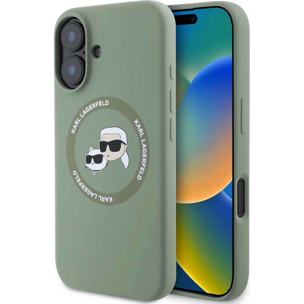 Coque iPhone 16 - Karl Lagerfeld et Choupette soft touch avec MagSafe - Vert fonc&eacute;