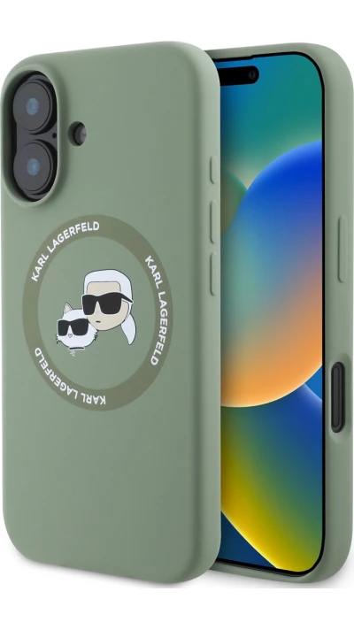 iPhone 16 Case H&uuml;lle - Karl Lagerfeld und Choupette soft touch mit MagSafe - Dunkelgr&uuml;n
