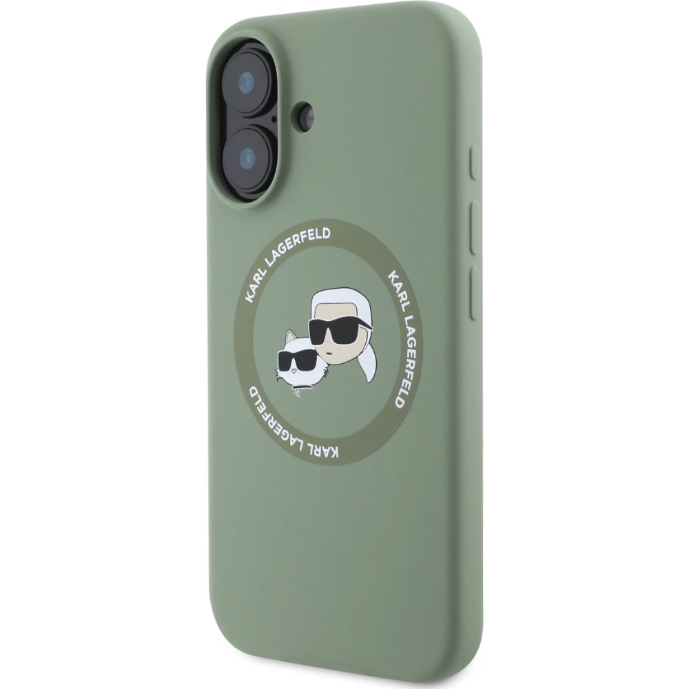 Coque iPhone 16 - Karl Lagerfeld et Choupette soft touch avec MagSafe - Vert fonc&eacute;