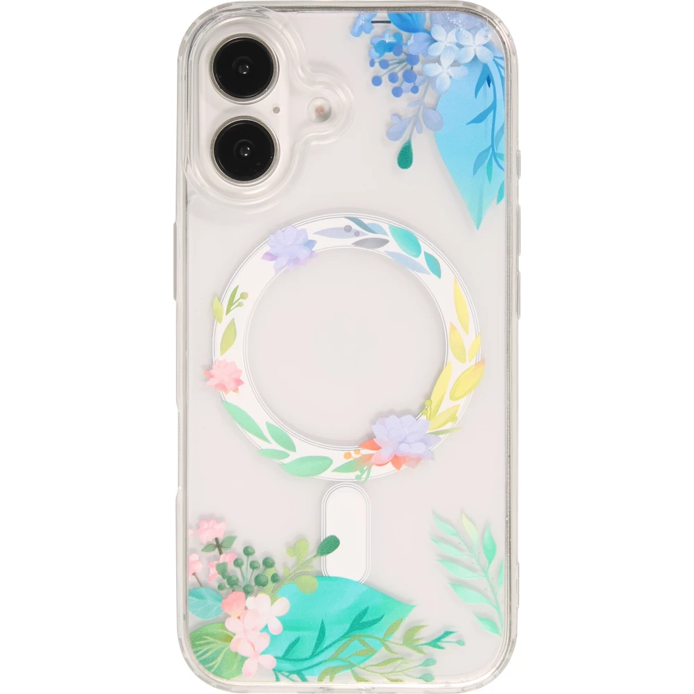 Coque iPhone 16 Plus - Gel silicone rigide avec MagSafe fleurs de printemps - Transparent