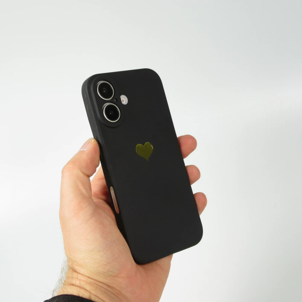 iPhone 16 Plus Case Hülle - Silikon Mat Herz gold - Schwarz