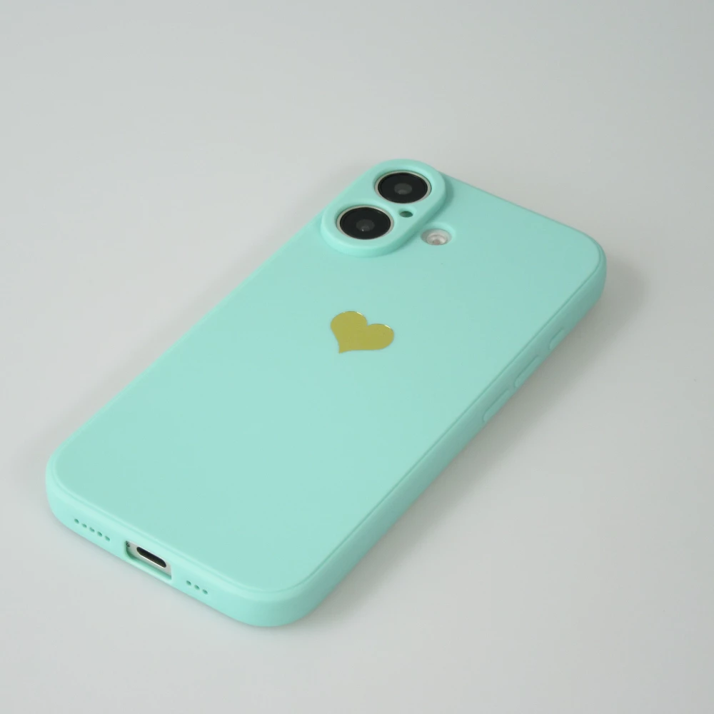 iPhone 16 Plus Case Hülle - Silikon Mat Herz gold - Türkis