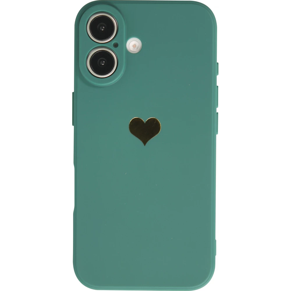 Coque iPhone 16 Plus - Silicone Mat Coeur doré - Vert foncé