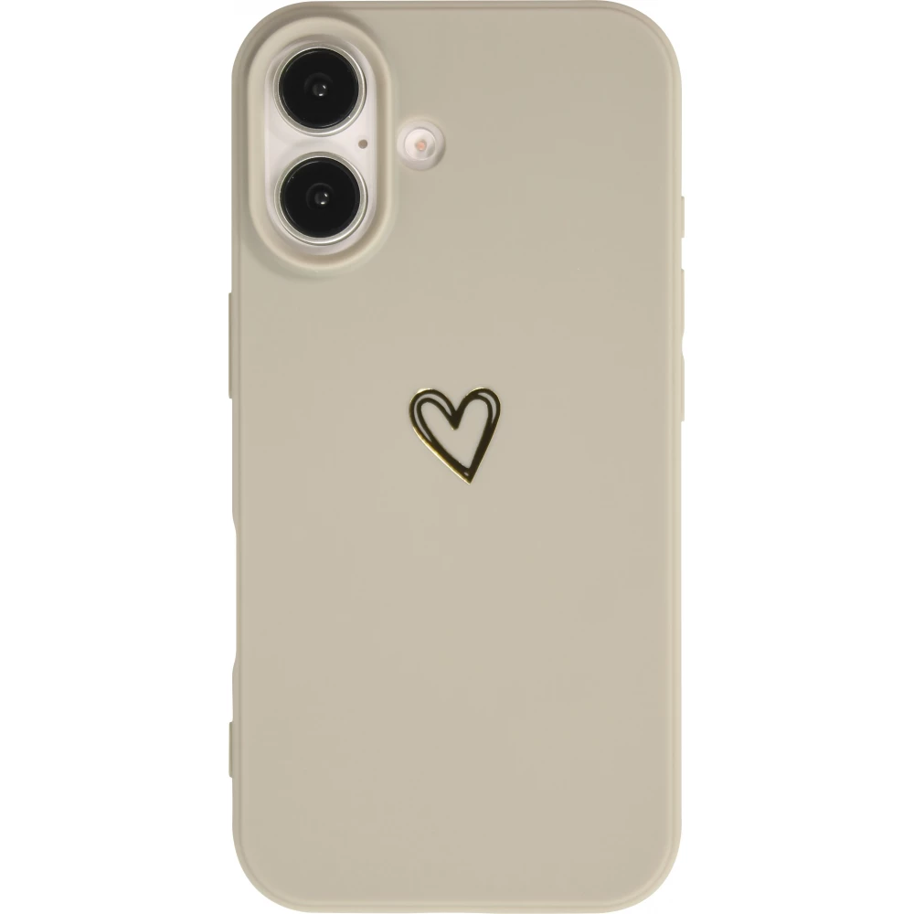 Coque iPhone 16 Plus - Silicone mat dessin cœur doré - Gris