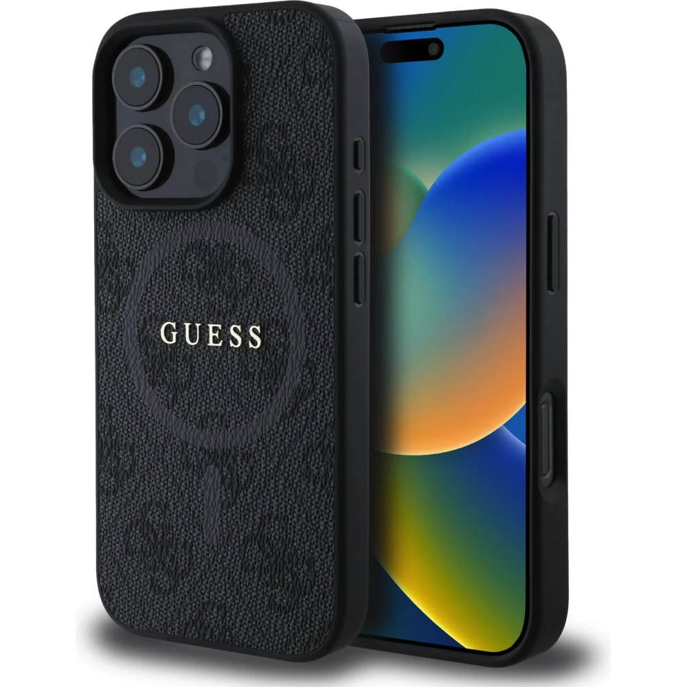 iPhone 16 Pro Case H&uuml;lle - Guess Monogramm Kunstleder mit integriertem Magsafe - Schwarz