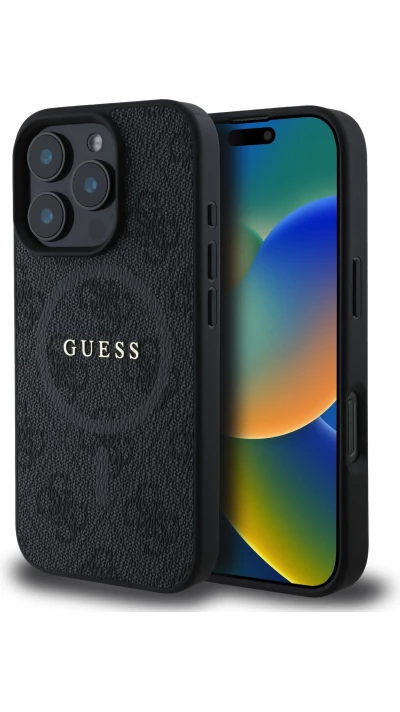 Coque iPhone 16 Pro - Guess monogramme similicuir avec MagSafe int&eacute;gr&eacute; - Noir