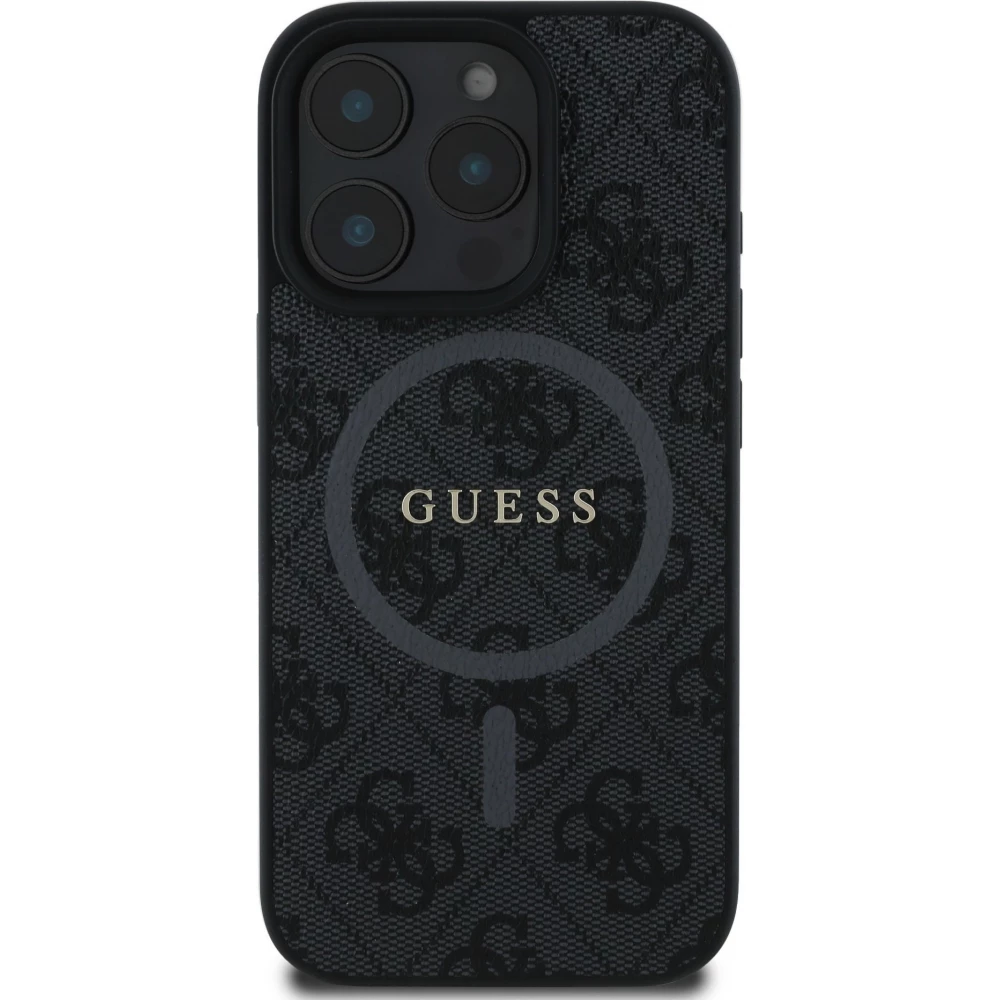iPhone 16 Pro Case H&uuml;lle - Guess Monogramm Kunstleder mit integriertem Magsafe - Schwarz