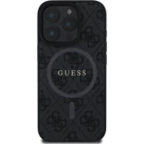 iPhone 16 Pro Case H&uuml;lle - Guess Monogramm Kunstleder mit integriertem Magsafe - Schwarz