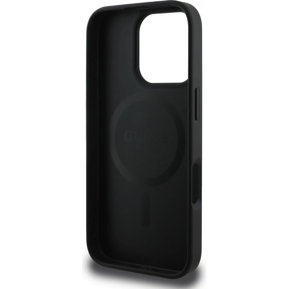 iPhone 16 Pro Case H&uuml;lle - Guess Monogramm Kunstleder mit integriertem Magsafe - Schwarz
