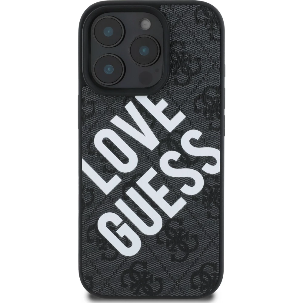 iPhone 16 Pro Case H&uuml;lle - Guess Monogramm Kunstleder mit Love Guess Street Style Logo und integriertem MagSafe - Schwarz