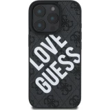 iPhone 16 Pro Case H&uuml;lle - Guess Monogramm Kunstleder mit Love Guess Street Style Logo und integriertem MagSafe - Schwarz