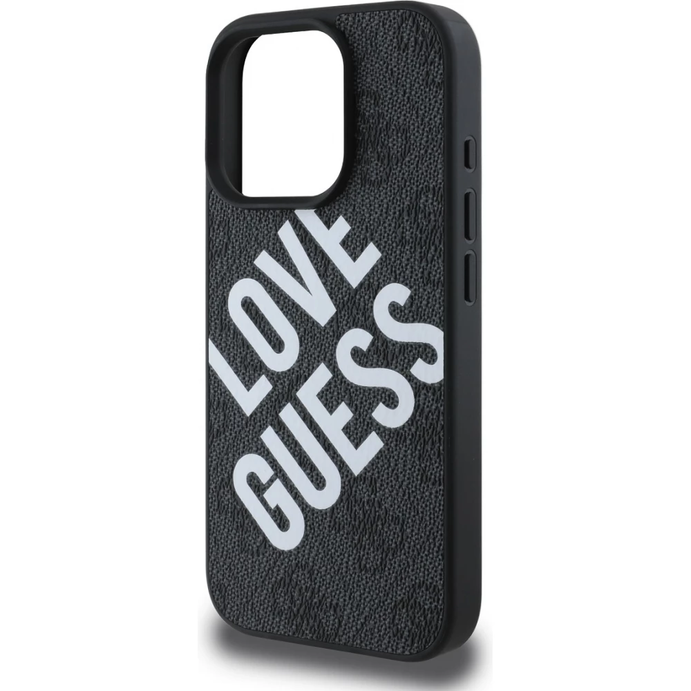 iPhone 16 Pro Case H&uuml;lle - Guess Monogramm Kunstleder mit Love Guess Street Style Logo und integriertem MagSafe - Schwarz